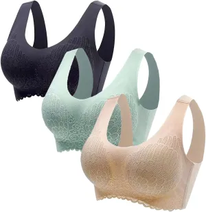 Wireless Bras for Womens Comfortable V Lace Bra Full Coverage Padded Seamless Bralettes Soft Support Everyday