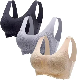 Wireless Bras for Womens Comfortable V Lace Bra Full Coverage Padded Seamless Bralettes Soft Support Everyday