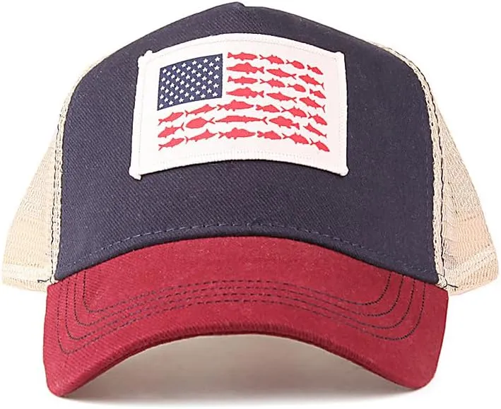 WITHMOONS American Flag Fish and Stripes Trucker Hat Baseball Cap Mesh Back USA Flag Adjustable Snapback YZM0251