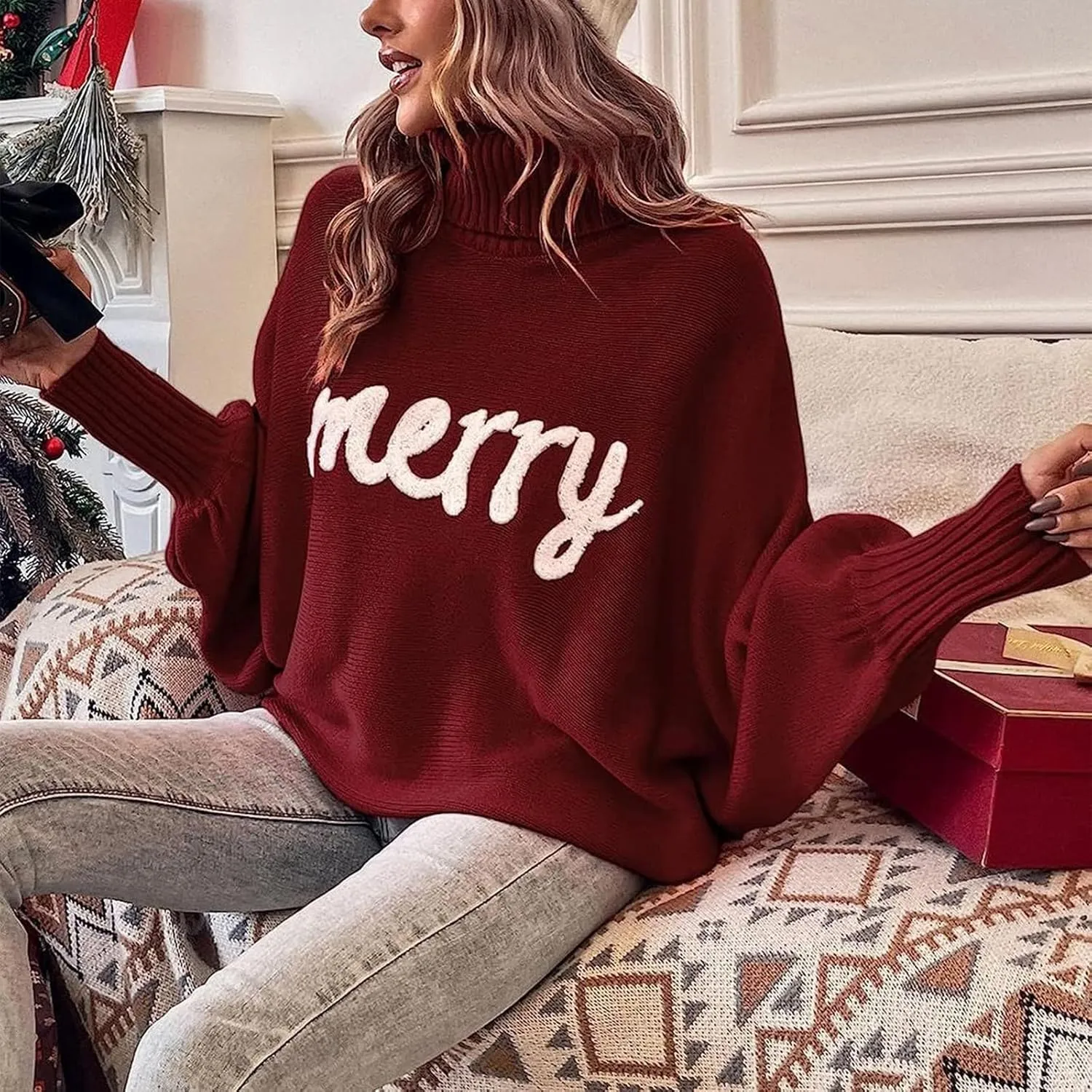 Women Christmas Sweater Long Batwing Sleeve Turtleneck Knitted Pullover Top Oversized Cute Merry Print Jumper Top