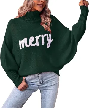 Women Christmas Sweater Long Batwing Sleeve Turtleneck Knitted Pullover Top Oversized Cute Merry Print Jumper Top