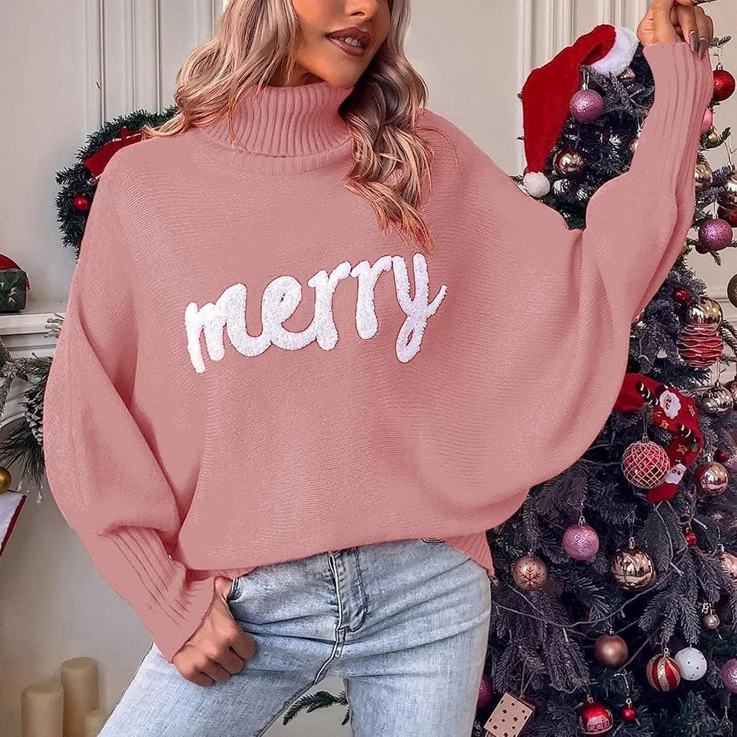 Women Christmas Sweater Long Batwing Sleeve Turtleneck Knitted Pullover Top Oversized Cute Merry Print Jumper Top