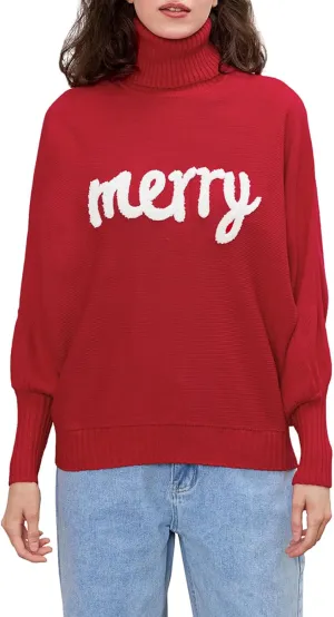 Women Christmas Sweater Long Batwing Sleeve Turtleneck Knitted Pullover Top Oversized Cute Merry Print Jumper Top