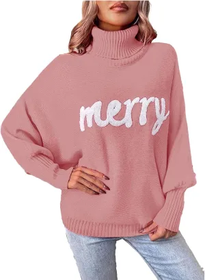 Women Christmas Sweater Long Batwing Sleeve Turtleneck Knitted Pullover Top Oversized Cute Merry Print Jumper Top