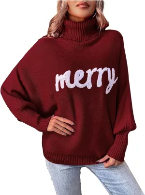 Women Christmas Sweater Long Batwing Sleeve Turtleneck Knitted Pullover Top Oversized Cute Merry Print Jumper Top