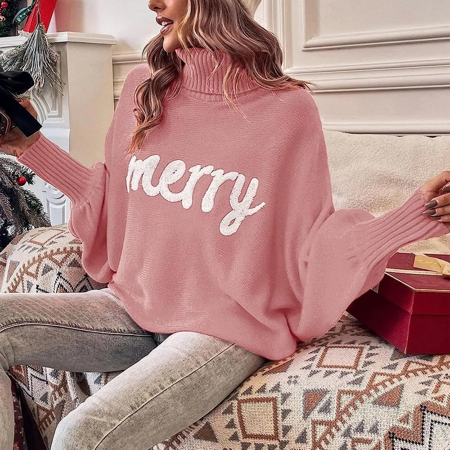 Women Christmas Sweater Long Batwing Sleeve Turtleneck Knitted Pullover Top Oversized Cute Merry Print Jumper Top