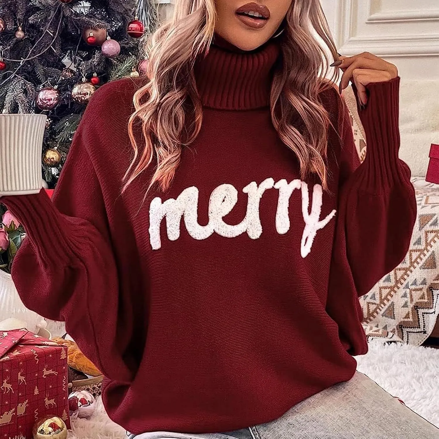 Women Christmas Sweater Long Batwing Sleeve Turtleneck Knitted Pullover Top Oversized Cute Merry Print Jumper Top