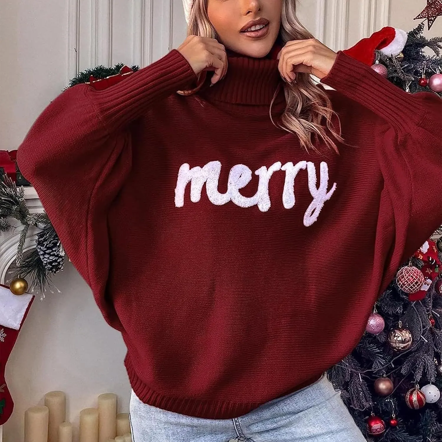 Women Christmas Sweater Long Batwing Sleeve Turtleneck Knitted Pullover Top Oversized Cute Merry Print Jumper Top