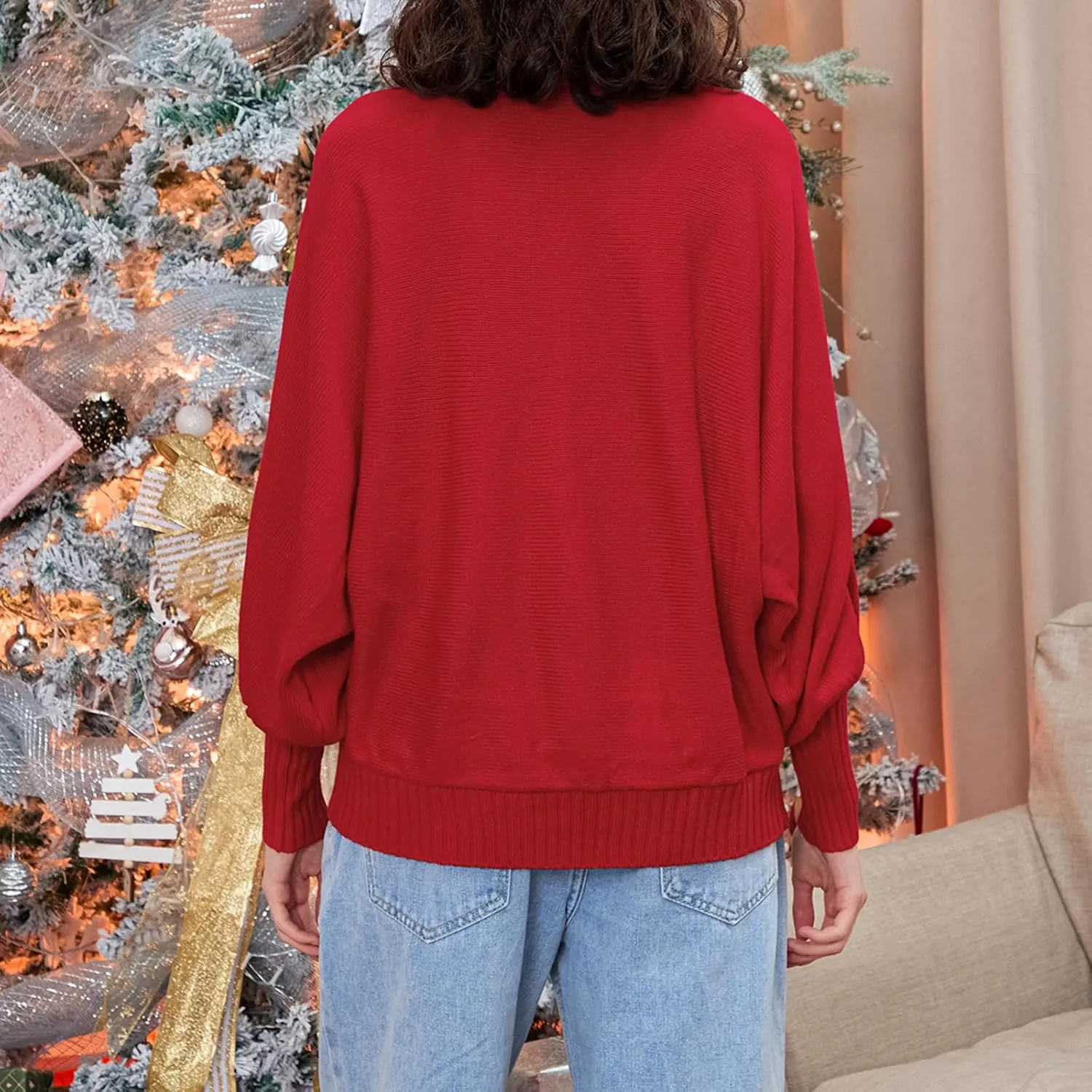 Women Christmas Sweater Long Batwing Sleeve Turtleneck Knitted Pullover Top Oversized Cute Merry Print Jumper Top