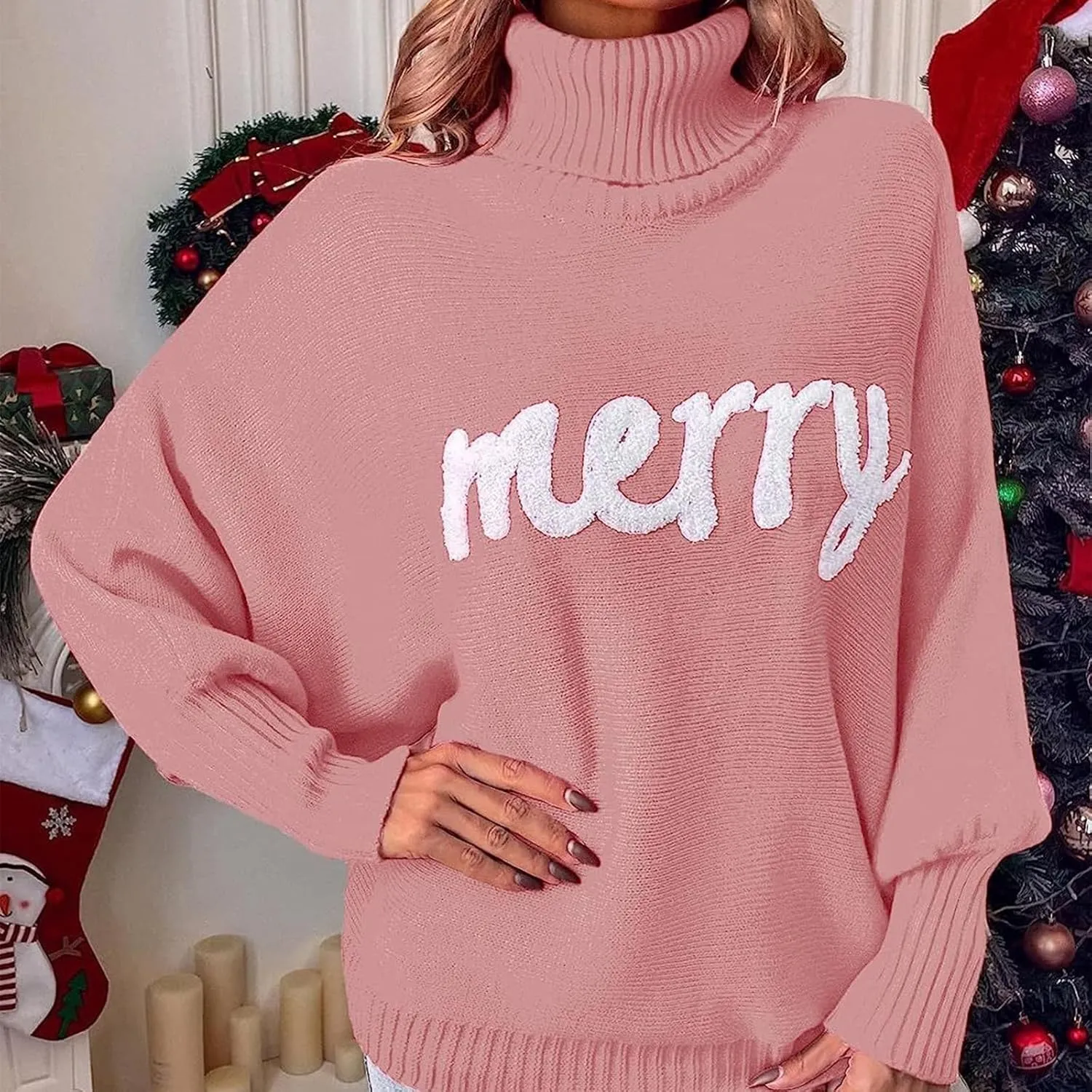 Women Christmas Sweater Long Batwing Sleeve Turtleneck Knitted Pullover Top Oversized Cute Merry Print Jumper Top