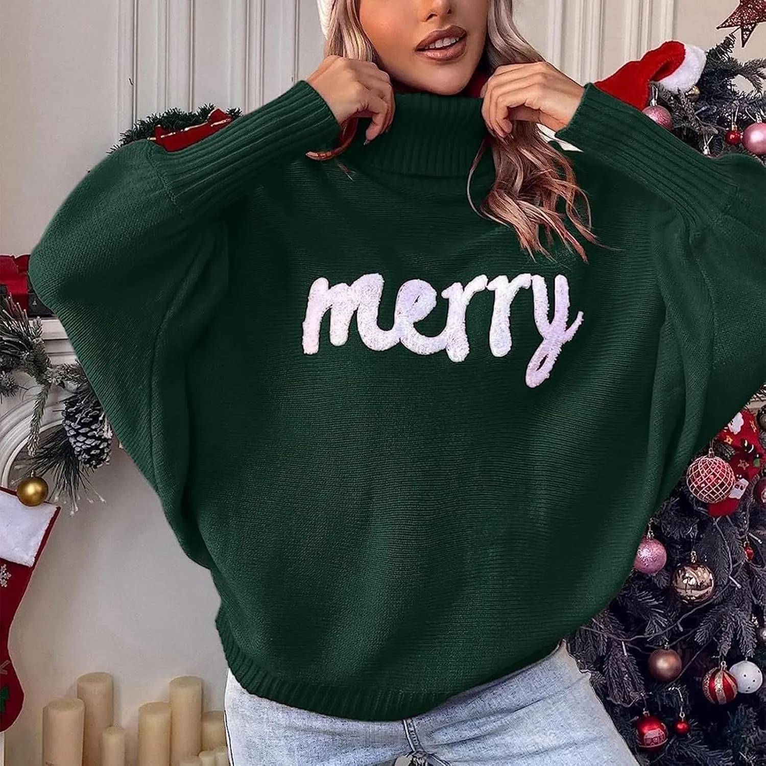 Women Christmas Sweater Long Batwing Sleeve Turtleneck Knitted Pullover Top Oversized Cute Merry Print Jumper Top
