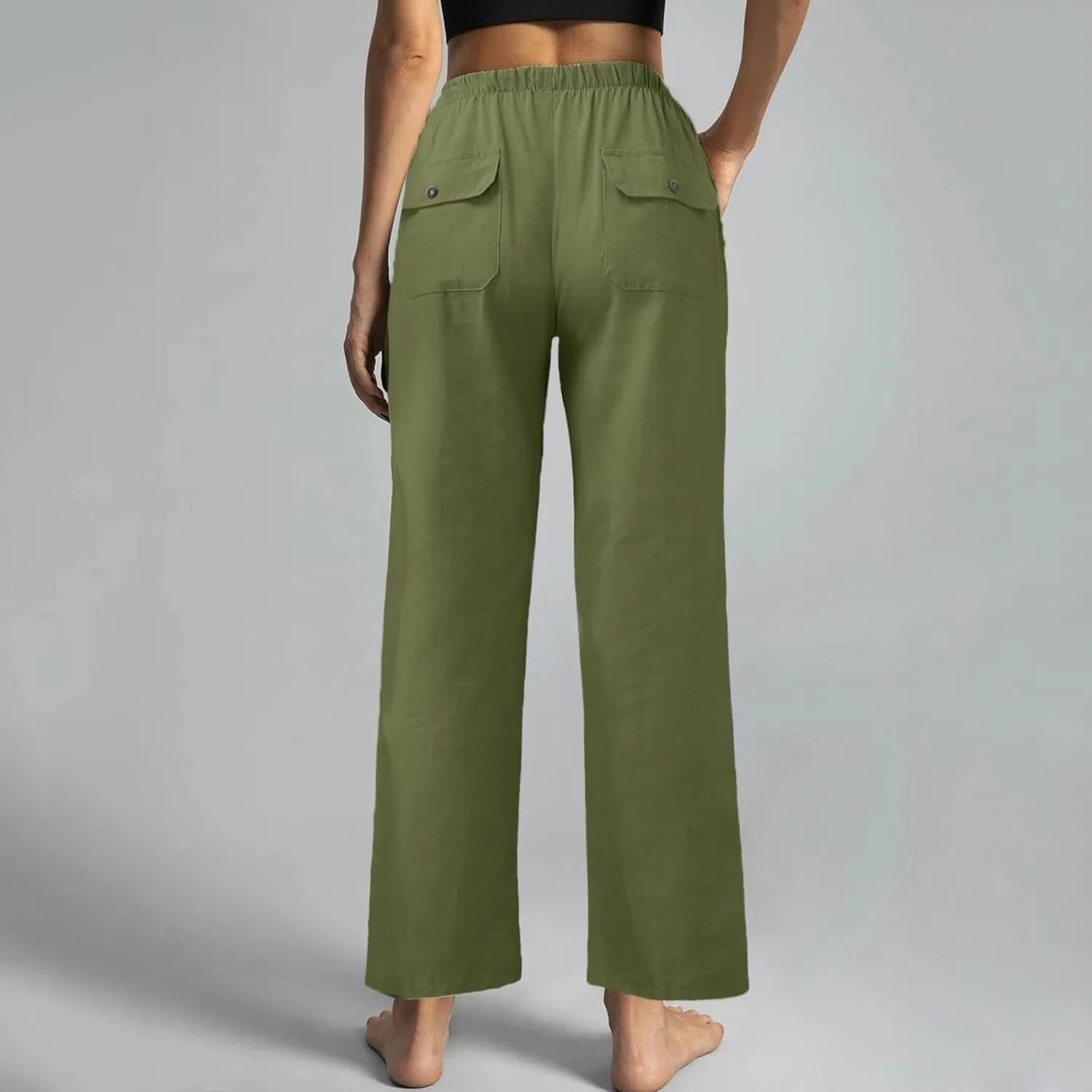 Women Cotton Linen Casual Pants Straight Leg Drawstring Elastic High Waist Loose Trousers with Pockets Lounge Y2k Relaxed