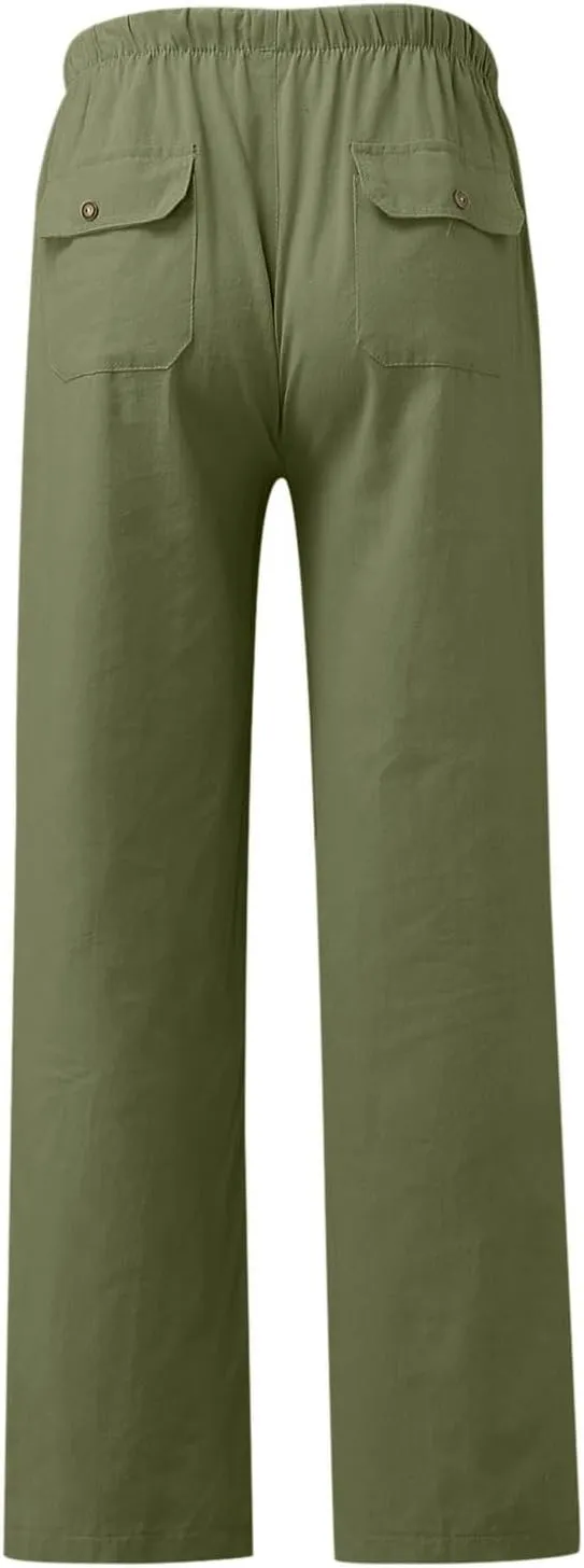 Women Cotton Linen Casual Pants Straight Leg Drawstring Elastic High Waist Loose Trousers with Pockets Lounge Y2k Relaxed