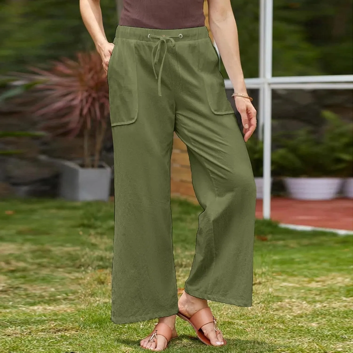Women Cotton Linen Casual Pants Straight Leg Drawstring Elastic High Waist Loose Trousers with Pockets Lounge Y2k Relaxed