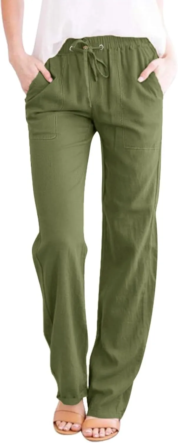 Women Cotton Linen Casual Pants Straight Leg Drawstring Elastic High Waist Loose Trousers with Pockets Lounge Y2k Relaxed