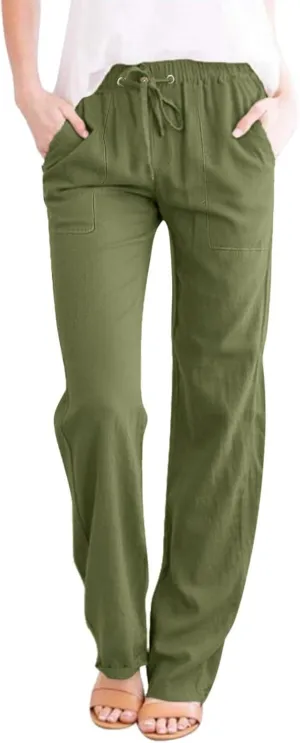 Women Cotton Linen Casual Pants Straight Leg Drawstring Elastic High Waist Loose Trousers with Pockets Lounge Y2k Relaxed