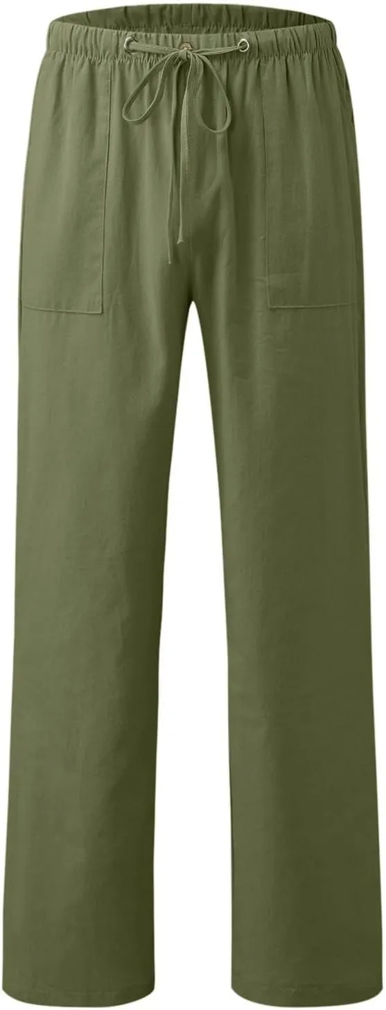 Women Cotton Linen Casual Pants Straight Leg Drawstring Elastic High Waist Loose Trousers with Pockets Lounge Y2k Relaxed