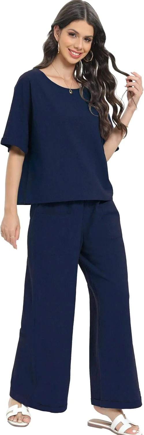 Women Cotton Linen Two Piece Outfit Loungewear Short Sleeve Top and Wide Leg Pants Lounge Set Tracksuits AU5