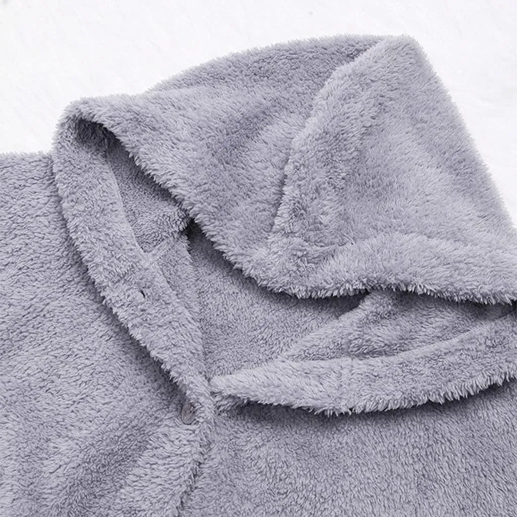 Women Fleece Lined Pajama Tops with Hood Winter Warm Sherpa Thermal Underwear Cute Button Cardigan Coat Loungewear