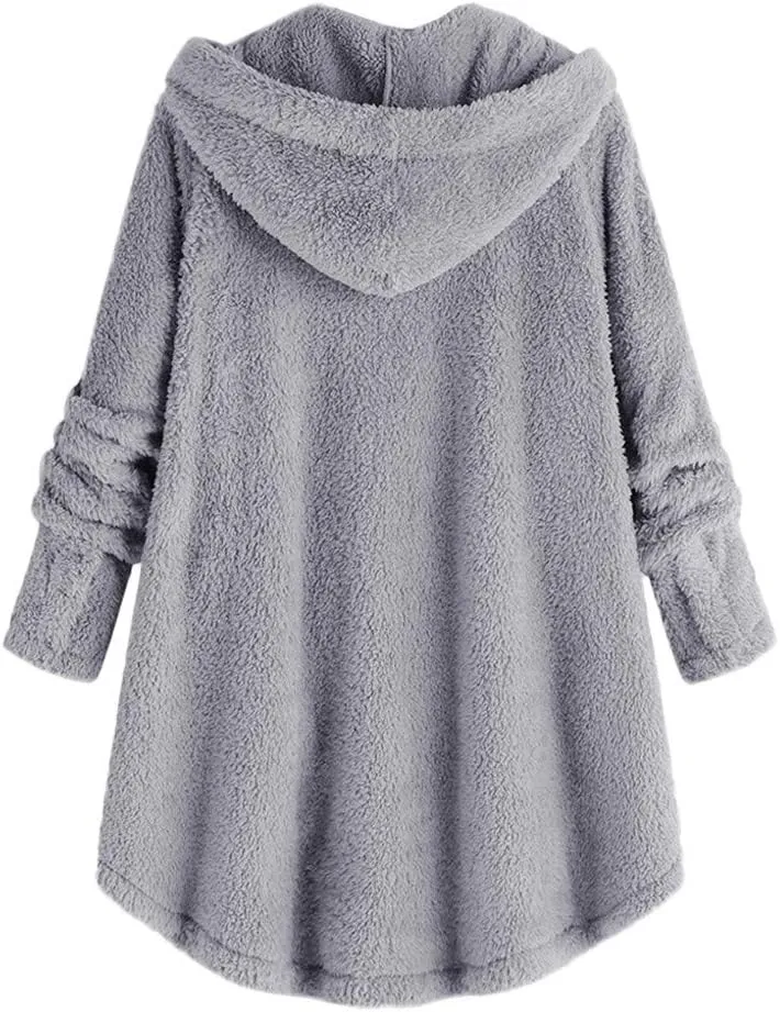 Women Fleece Lined Pajama Tops with Hood Winter Warm Sherpa Thermal Underwear Cute Button Cardigan Coat Loungewear