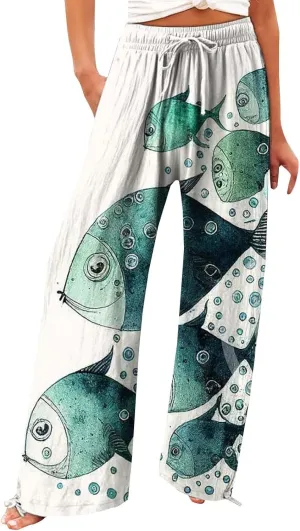 Women High Waisted Wide Leg Fish Art Printed Pants Casual Long Loungewear Pants Summer Beach Trousers with Pockets