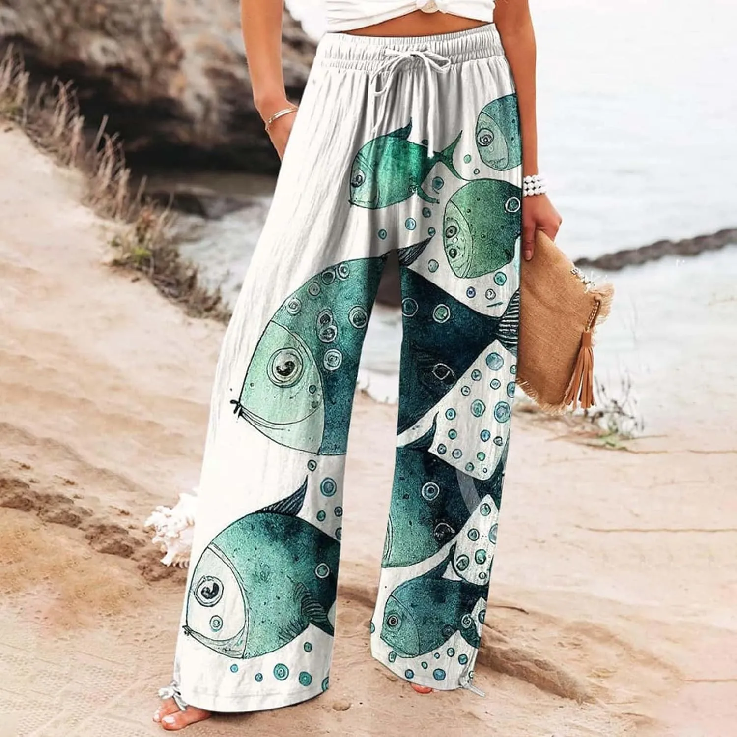 Women High Waisted Wide Leg Fish Art Printed Pants Casual Long Loungewear Pants Summer Beach Trousers with Pockets