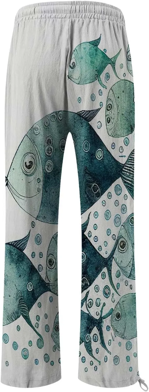 Women High Waisted Wide Leg Fish Art Printed Pants Casual Long Loungewear Pants Summer Beach Trousers with Pockets
