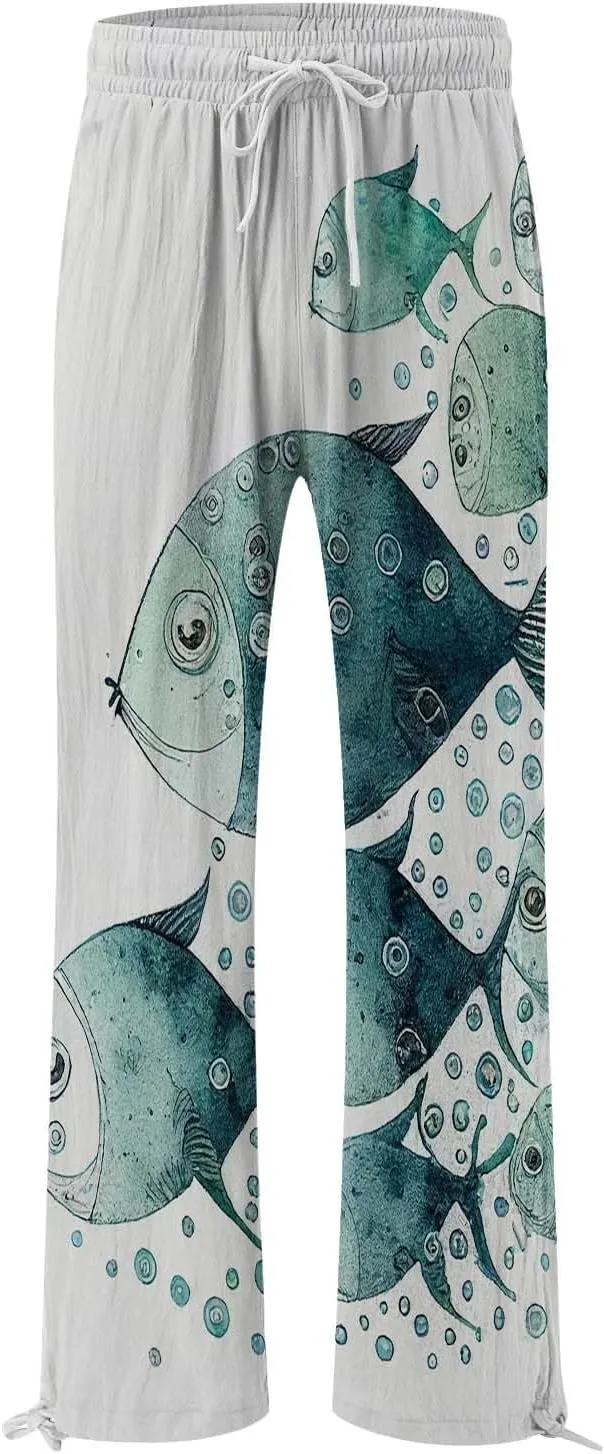 Women High Waisted Wide Leg Fish Art Printed Pants Casual Long Loungewear Pants Summer Beach Trousers with Pockets