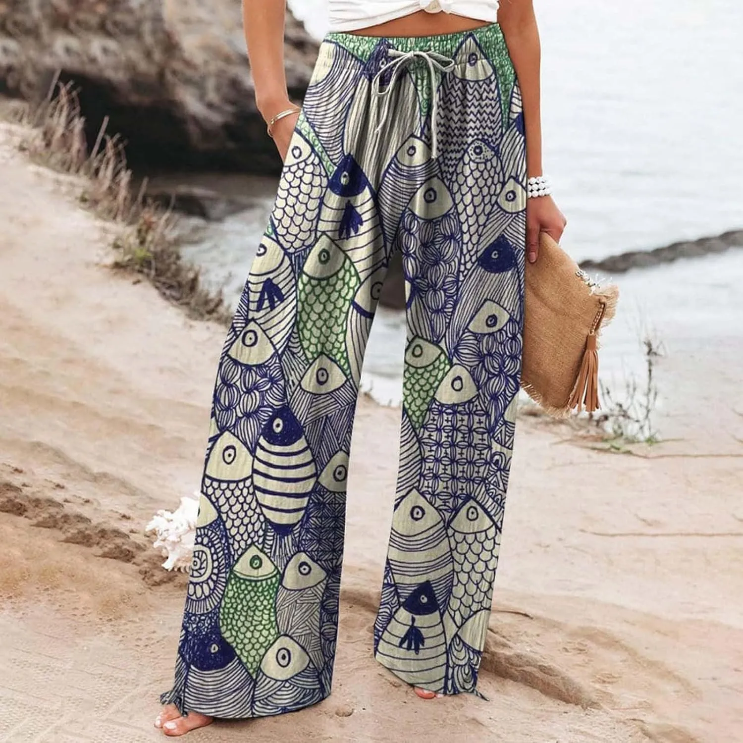 Women High Waisted Wide Leg Fish Art Printed Pants Summer Beach Trousers Casual Long Loungewear Pants with Pockets