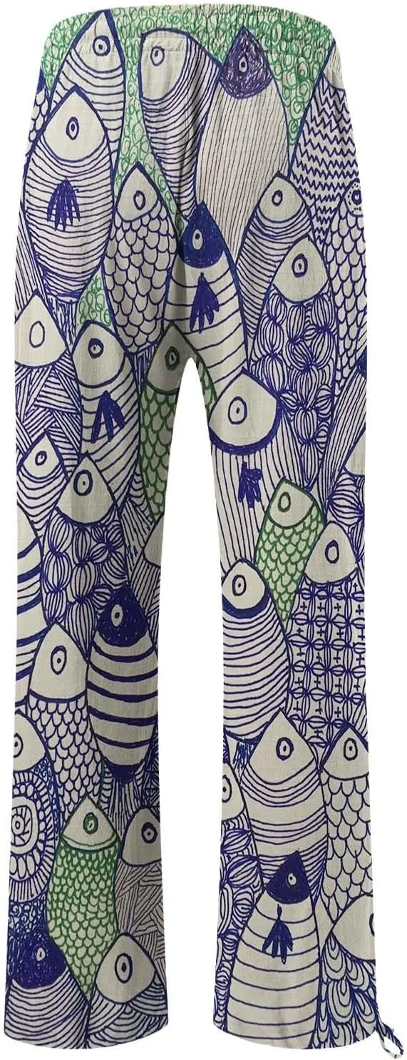 Women High Waisted Wide Leg Fish Art Printed Pants Summer Beach Trousers Casual Long Loungewear Pants with Pockets