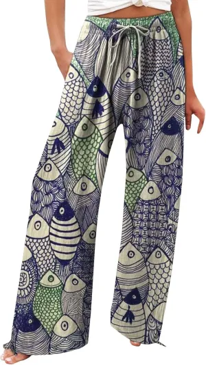 Women High Waisted Wide Leg Fish Art Printed Pants Summer Beach Trousers Casual Long Loungewear Pants with Pockets