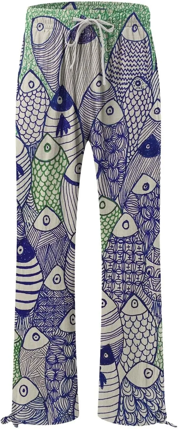 Women High Waisted Wide Leg Fish Art Printed Pants Summer Beach Trousers Casual Long Loungewear Pants with Pockets