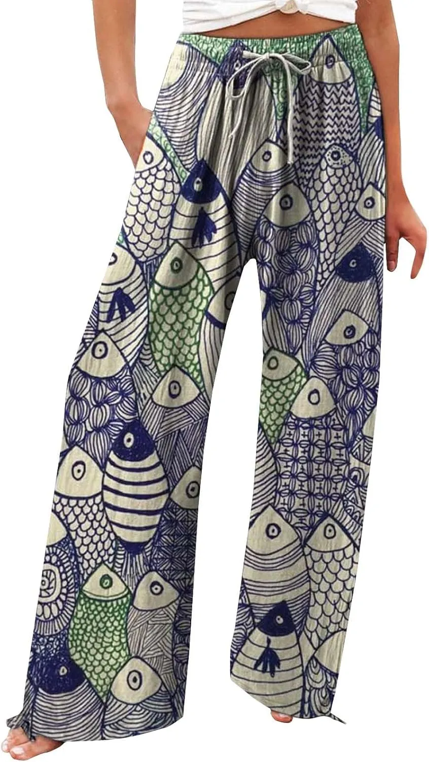 Women High Waisted Wide Leg Fish Art Printed Pants Summer Beach Trousers Casual Long Loungewear Pants with Pockets