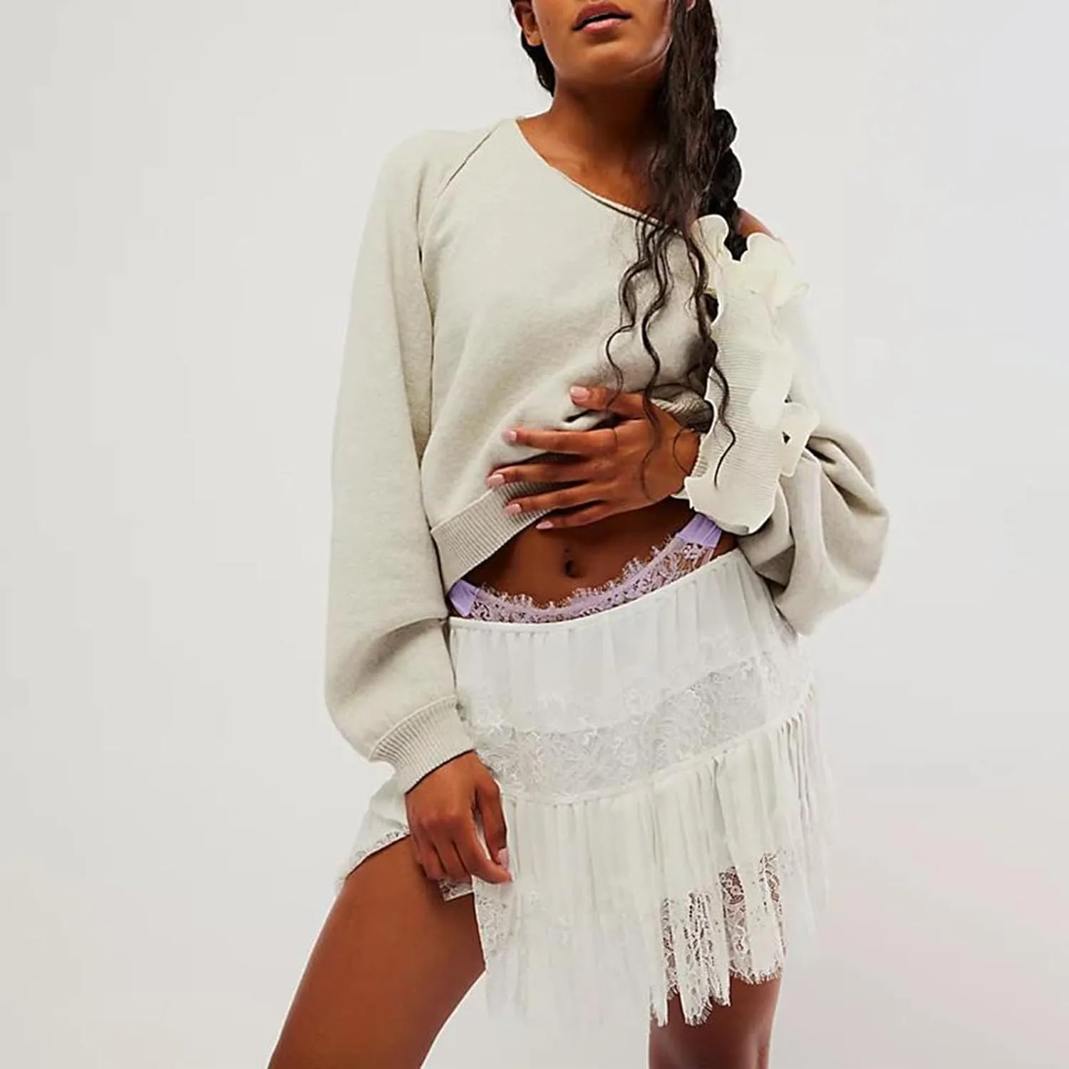 Women Lace Half Slip Skirt Low Rise Pleated Ruffle Lace Mini Skirt Layered Flowy Short Skirt Y2k Underskirt