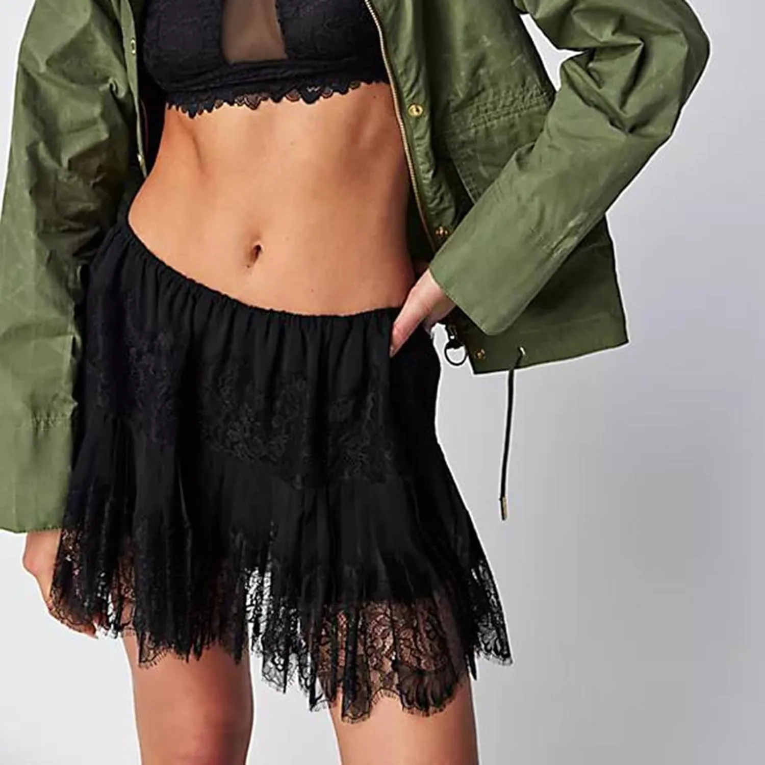 Women Lace Half Slip Skirt Low Rise Pleated Ruffle Lace Mini Skirt Layered Flowy Short Skirt Y2k Underskirt