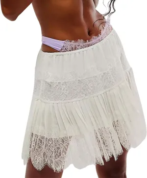 Women Lace Half Slip Skirt Low Rise Pleated Ruffle Lace Mini Skirt Layered Flowy Short Skirt Y2k Underskirt
