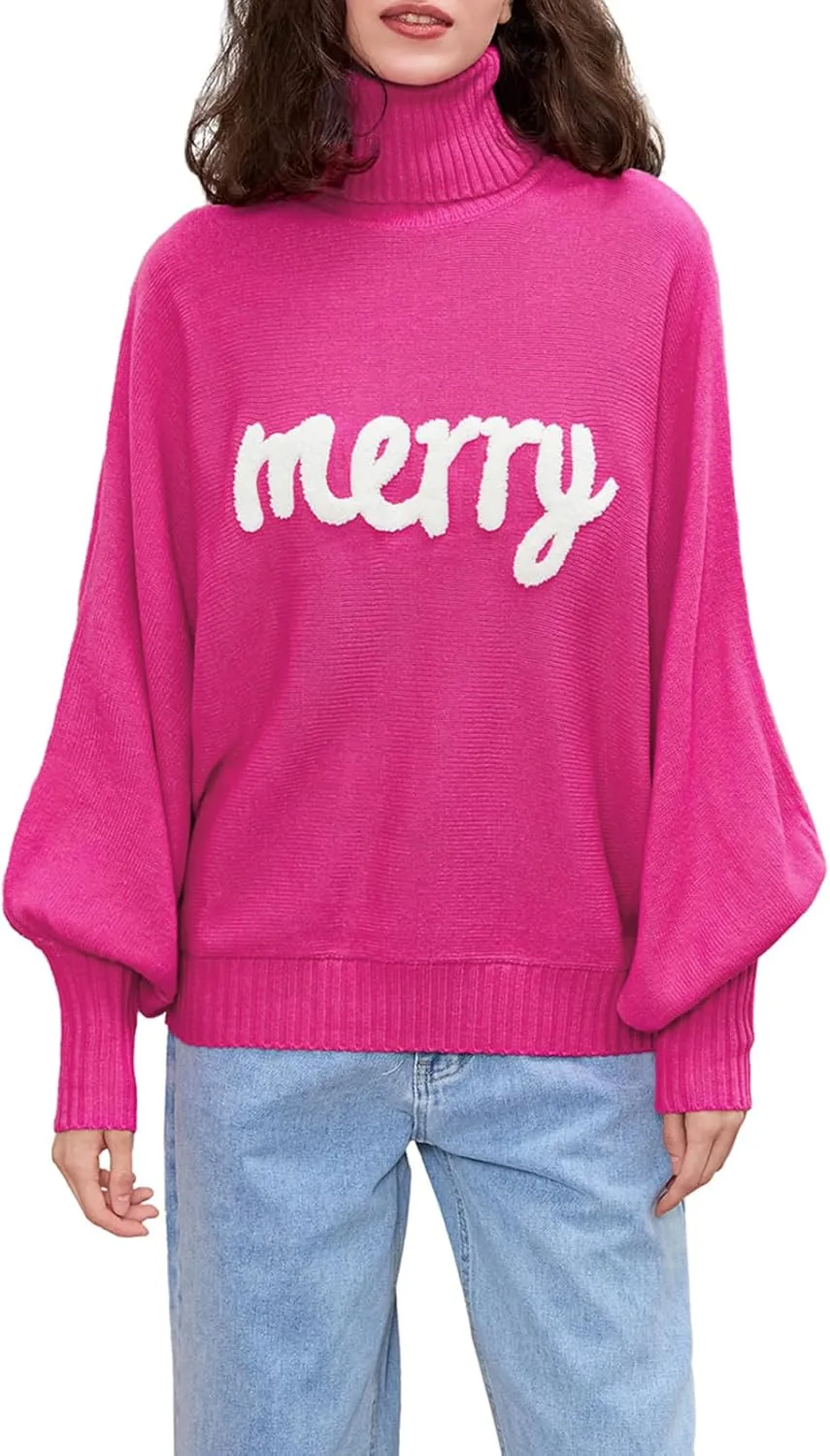 Women Merry Christmas Sweater Turtleneck Long Batwing Sleeve Knitted Pullover Top Oversized Holiday Jumper Top