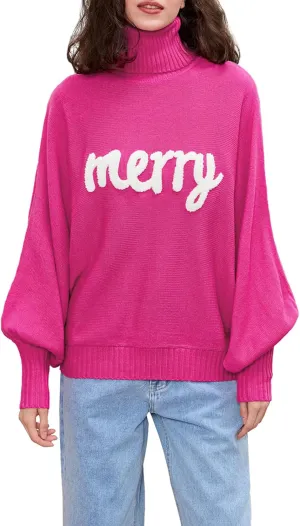 Women Merry Christmas Sweater Turtleneck Long Batwing Sleeve Knitted Pullover Top Oversized Holiday Jumper Top