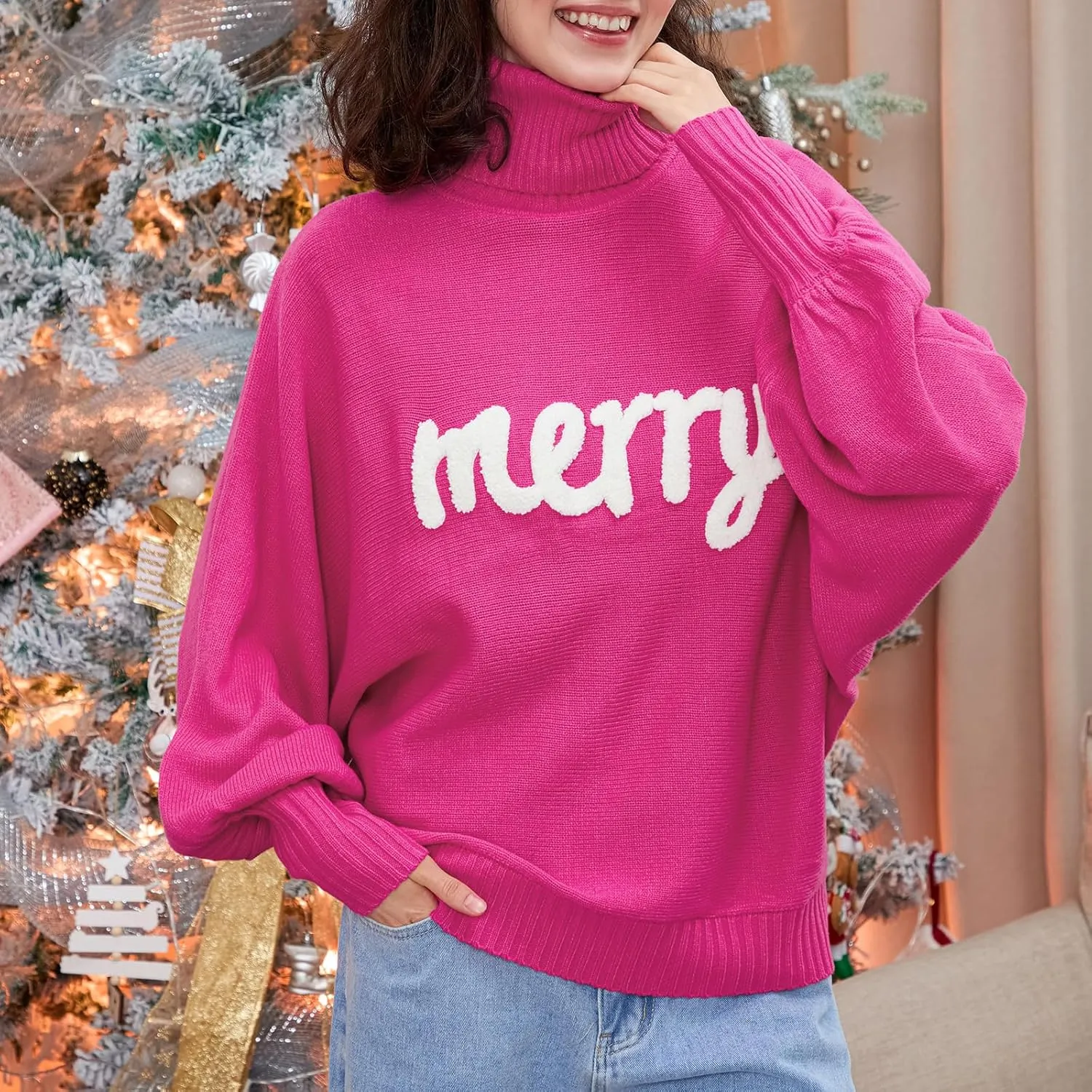 Women Merry Christmas Sweater Turtleneck Long Batwing Sleeve Knitted Pullover Top Oversized Holiday Jumper Top