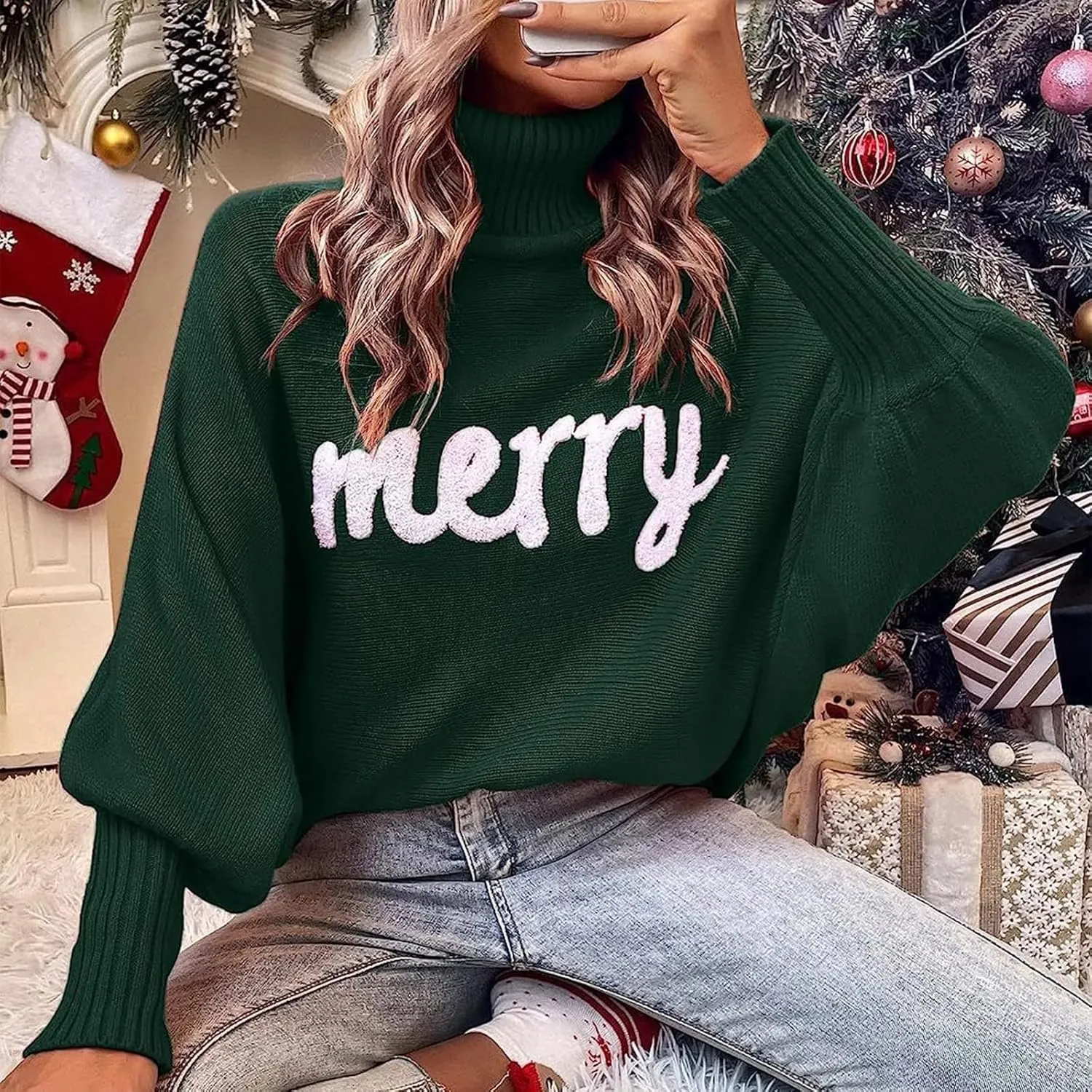 Women Merry Christmas Sweater Turtleneck Long Batwing Sleeve Knitted Pullover Top Oversized Holiday Jumper Top