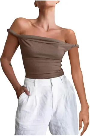 Women Off Shoulder Top Sleeveless Twist Strap Going Out Tank Tops Slim Fit Stretch Ruched Crop Top Casual T Shirts