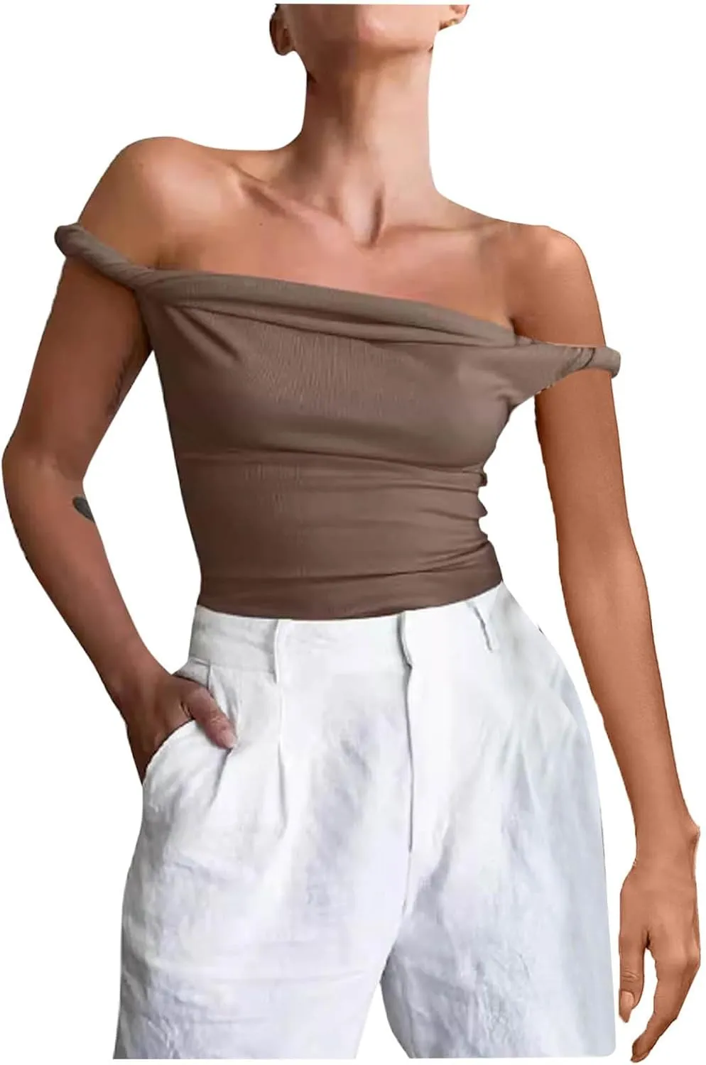 Women Off Shoulder Top Sleeveless Twist Strap Going Out Tank Tops Slim Fit Stretch Ruched Crop Top Casual T Shirts