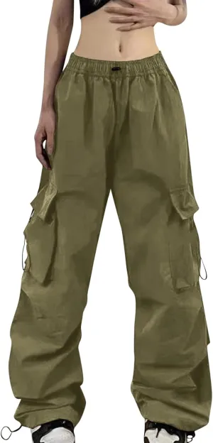 Women Parachute Pants Elastic High Waist Baggy Cargo Pants Y2K Joggers Multiple Pocket Quick Dry Casual Trendy Slacks