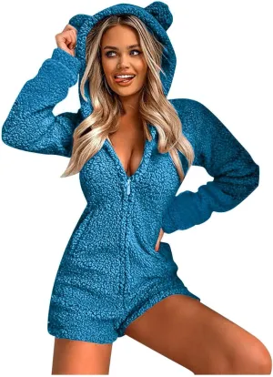 Women Plush Hooded Rompers Girls Cute Fuzzy Fleece Jumpsuit Casual Winter Warm Outfits Loungewear Homewear