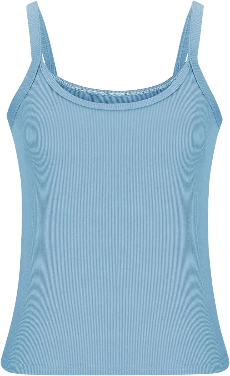 Women Sexy Spaghetti Strap Ribbed Knit Tank Tops Scoop Neck Slim Fitted Camisole Basic Sleeveless Layering Shirts