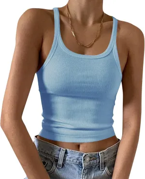 Women Sexy Spaghetti Strap Ribbed Knit Tank Tops Scoop Neck Slim Fitted Camisole Basic Sleeveless Layering Shirts