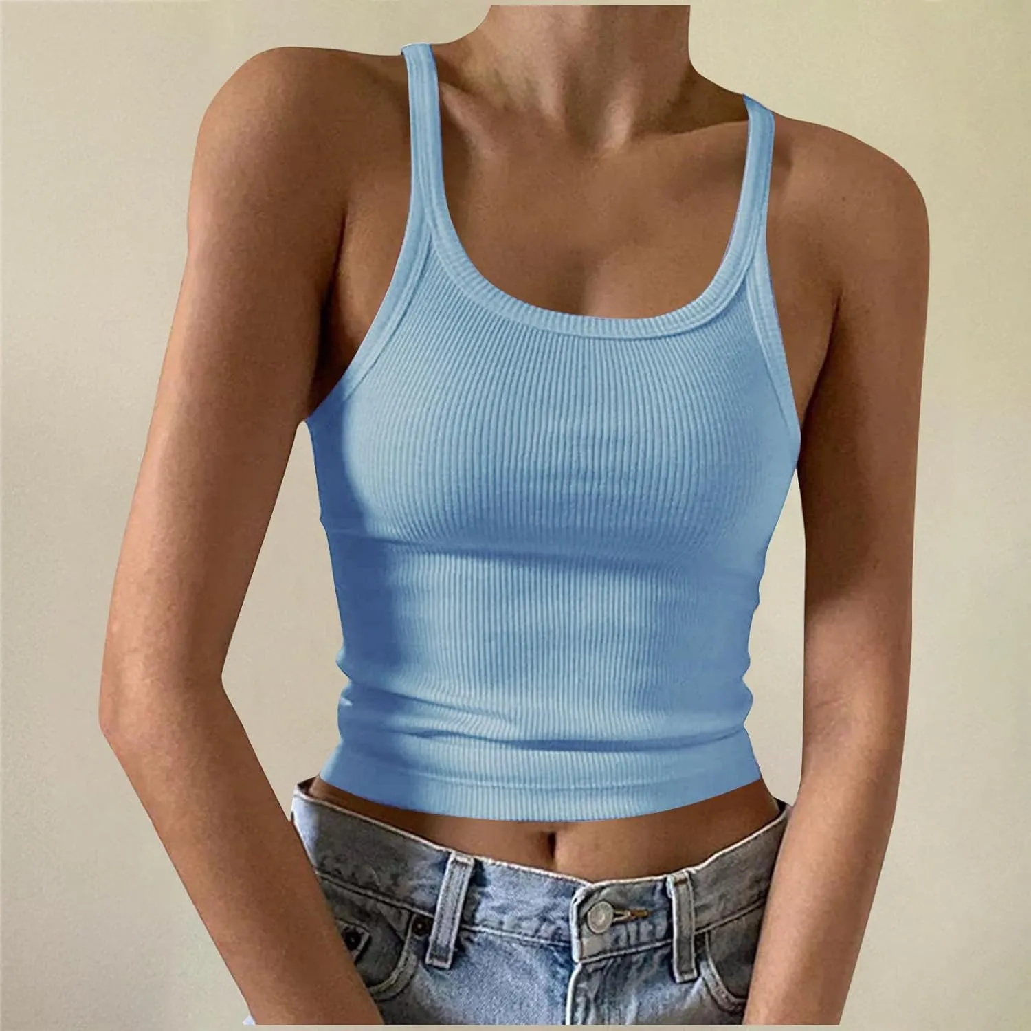 Women Sexy Spaghetti Strap Ribbed Knit Tank Tops Scoop Neck Slim Fitted Camisole Basic Sleeveless Layering Shirts