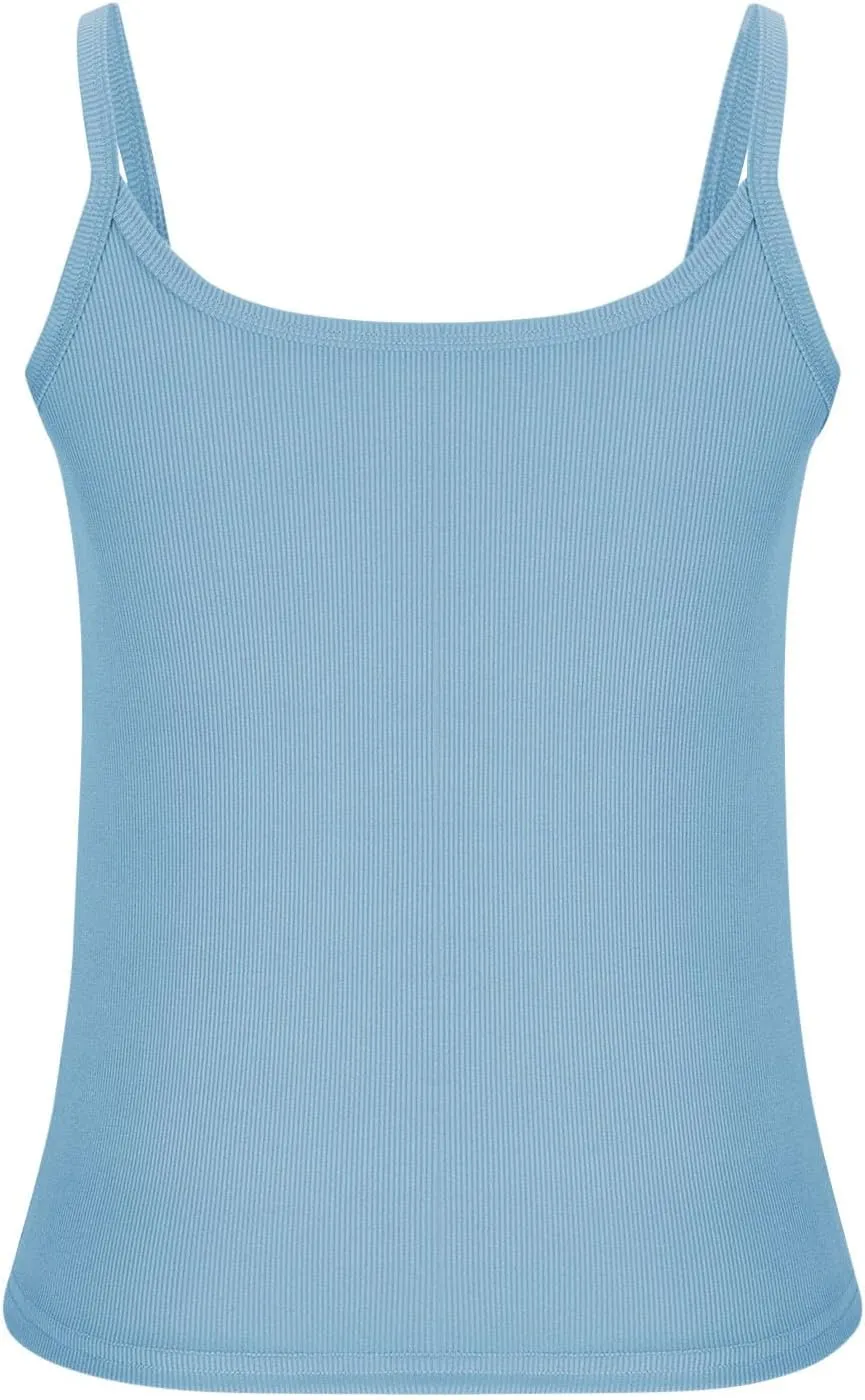 Women Sexy Spaghetti Strap Ribbed Knit Tank Tops Scoop Neck Slim Fitted Camisole Basic Sleeveless Layering Shirts