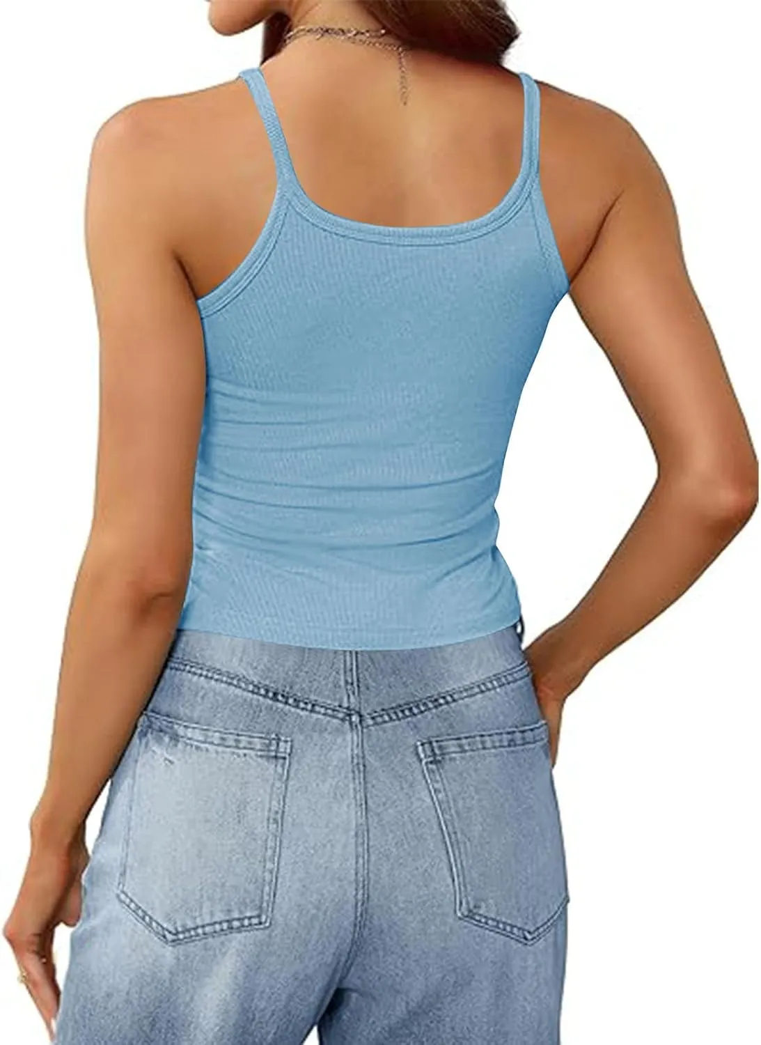 Women Sexy Spaghetti Strap Ribbed Knit Tank Tops Scoop Neck Slim Fitted Camisole Basic Sleeveless Layering Shirts