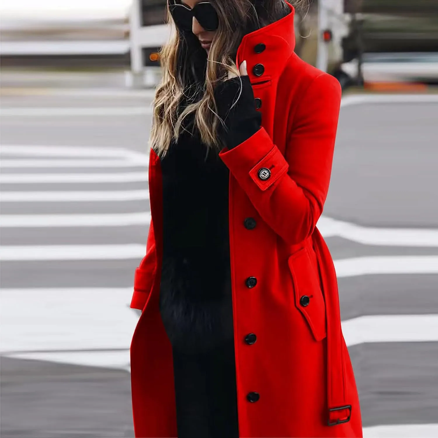 Women Single Breasted Long Trench Coat Windproof Classic Soft Slim Overcoat with Belt Wool Blend Warm Lapel Pea Coat
